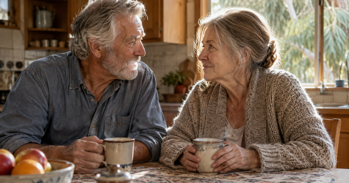 Retired couple talking over whether to stay in their family home or downsize